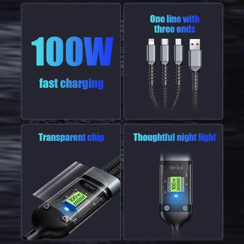 3 in 1 Usb 100W Cable for Fast Charging and Data Mini Usb Type C Micro Suitable for Iphone Android Xiaomi Huawei Oppo Charging