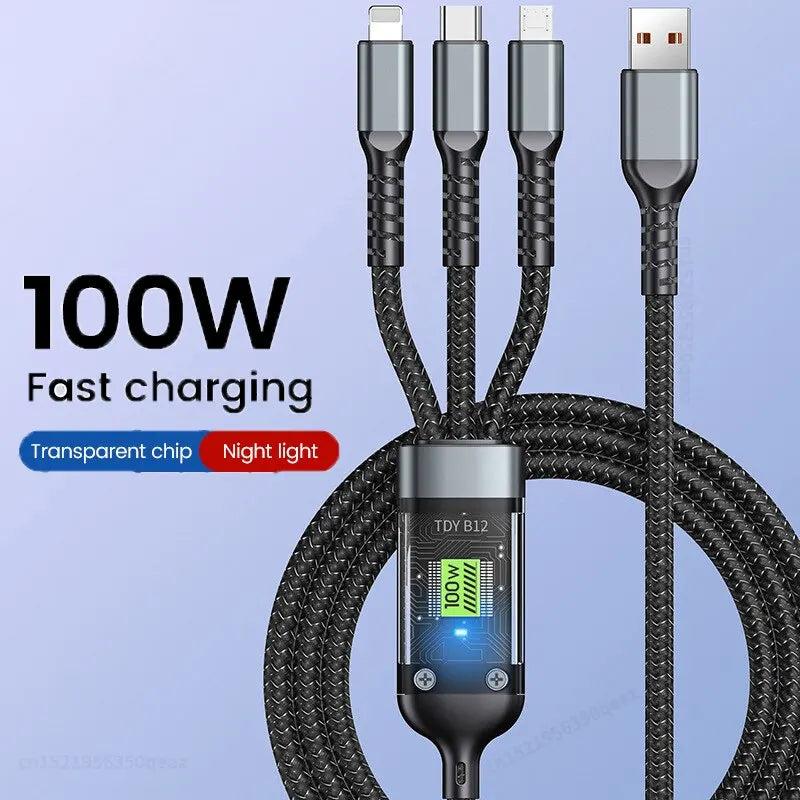 3 in 1 Usb 100W Cable for Fast Charging and Data Mini Usb Type C Micro Suitable for Iphone Android Xiaomi Huawei Oppo Charging