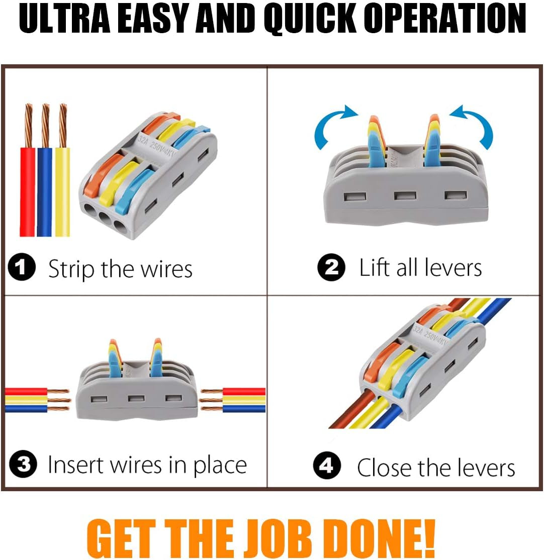 Wire Connectors Nuts, 25Pcs 3 Conductor Compact Splicing Wire Connectors with Colored, 2 and 3 Circuit Inline Splices, 28-12 AWG[ SPL-3]